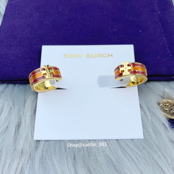 Tory Burch Kira Enamel Huggie Hoop Earring Shiny Hematite - Picture 5 of 6